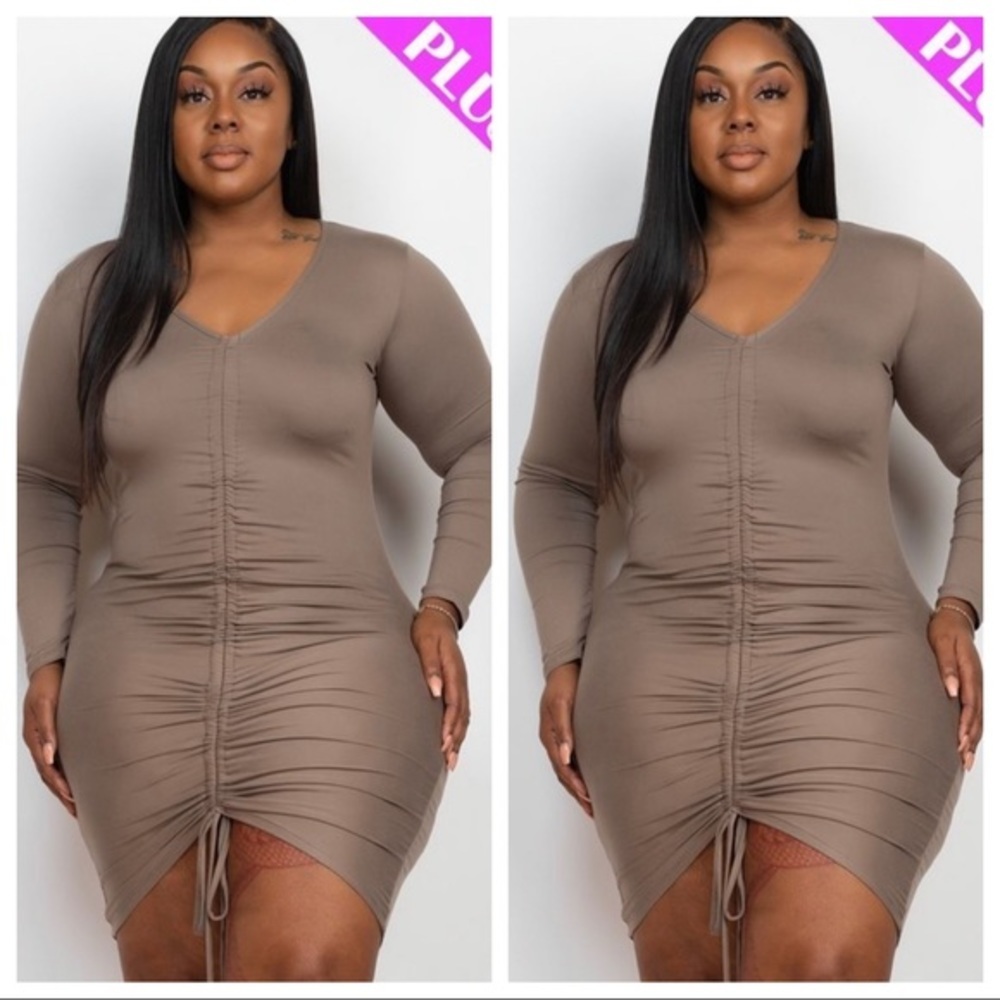 NEW TRENDY PLUS SIZE TAUPE‎ RUCHED LONG SLEEVE DRESS